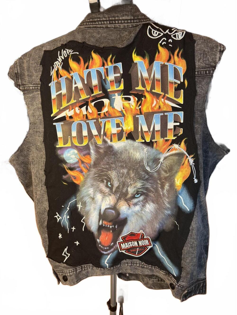 George Sleeveless Denim vest sz XL stone wash custom wolf Mason Noir